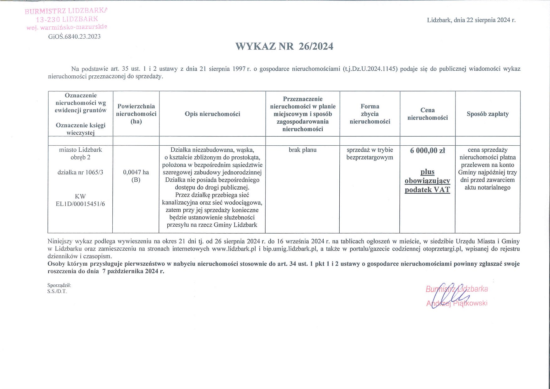 Wykaz Nr 26/2024 - Nieruchomość gruntowa do sprzedaży - Lidzbark, obr. 2, dz. nr 1065/3